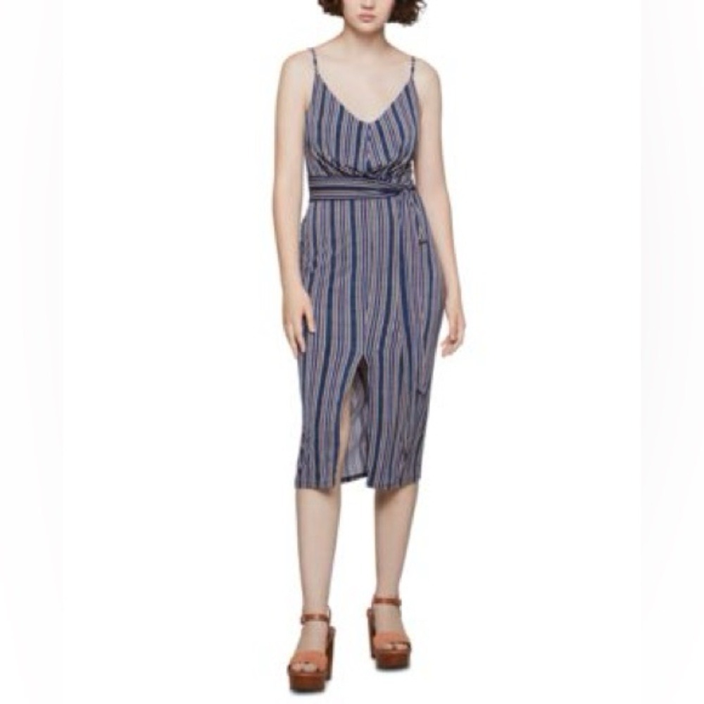 BCBGeneration Striped Midi Dress Blue Pink‎ White Slit Size L NEW